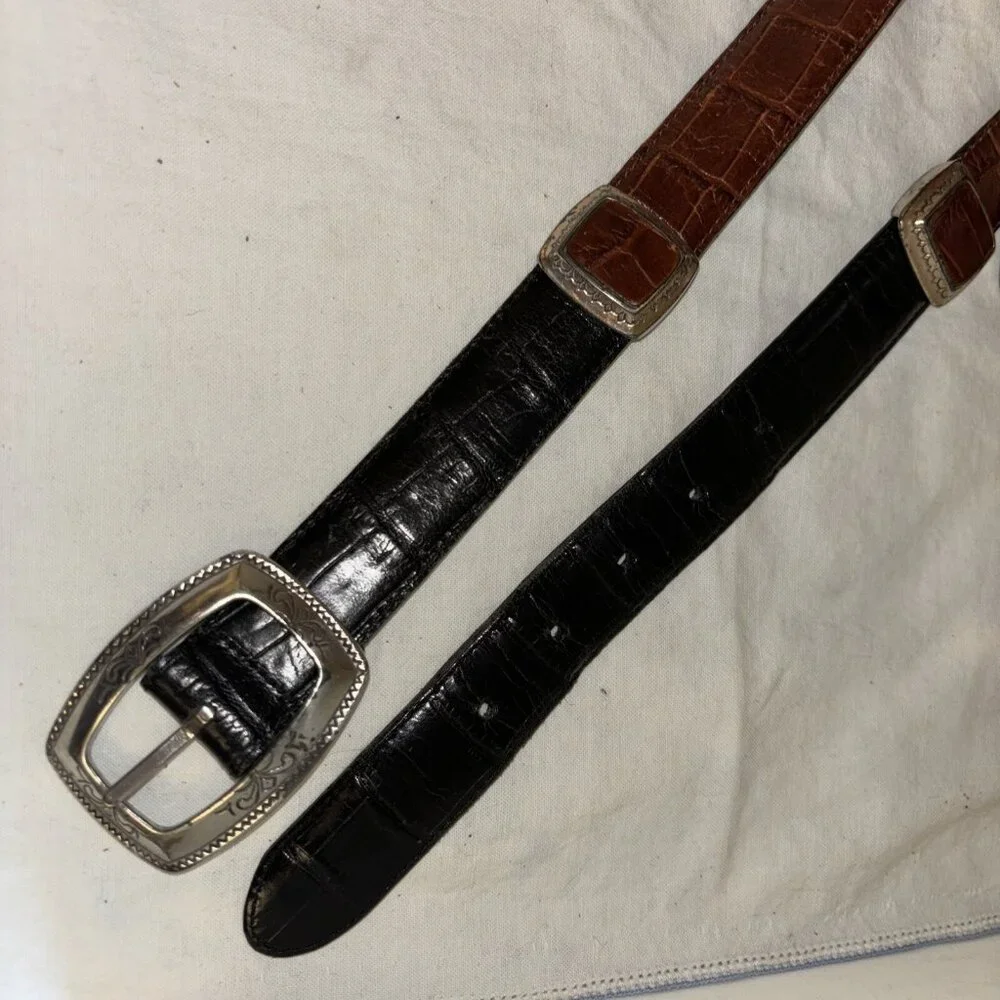 Vintage Brighton 1996 Brown/Black Leather Belt Silver Buckle Embellished M23903‎